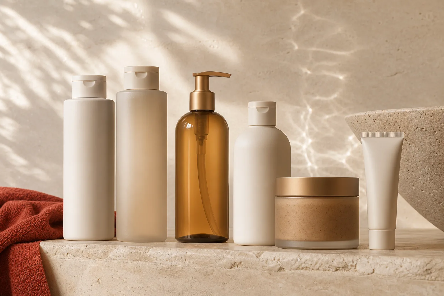 Unbranded shampoo, conditioner, body wash, lotion, scrub and hand care packaging collection