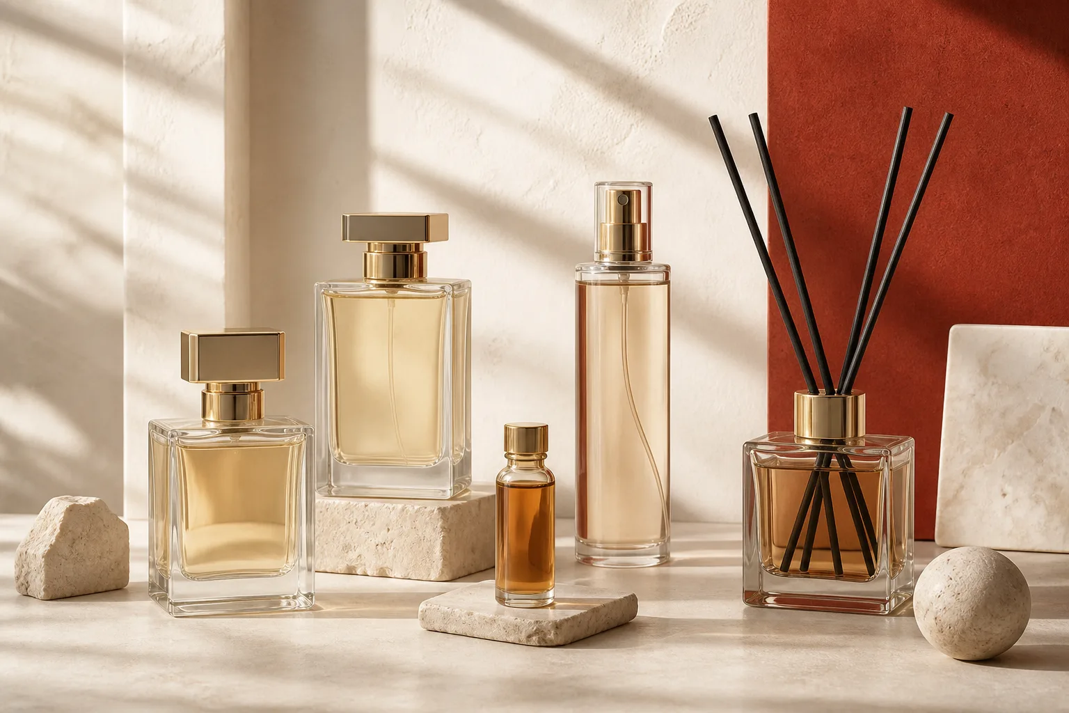 Unbranded perfume, body mist, fragrance oil and reed diffuser collection in a warm studio setting