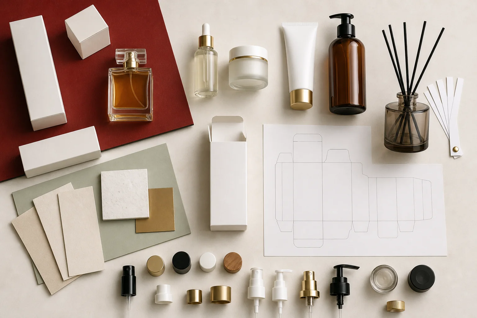 Unbranded beauty products, packaging components, material swatches and carton structure on a design table