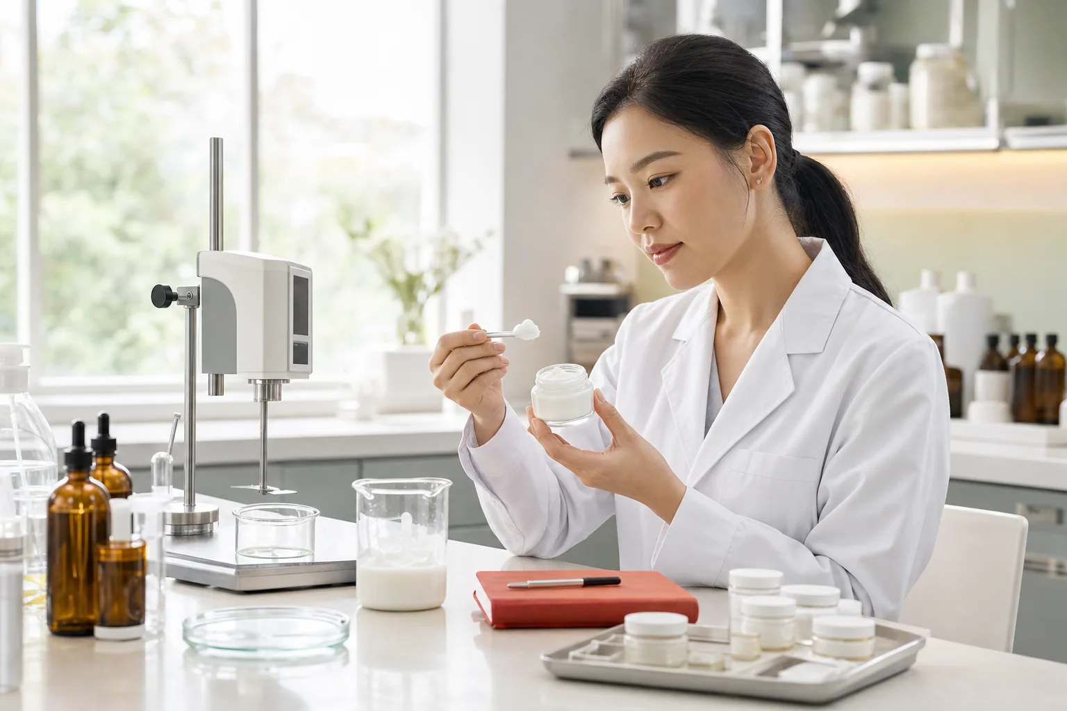 Cosmetic formulation specialist evaluating a skincare sample in a modern laboratory
