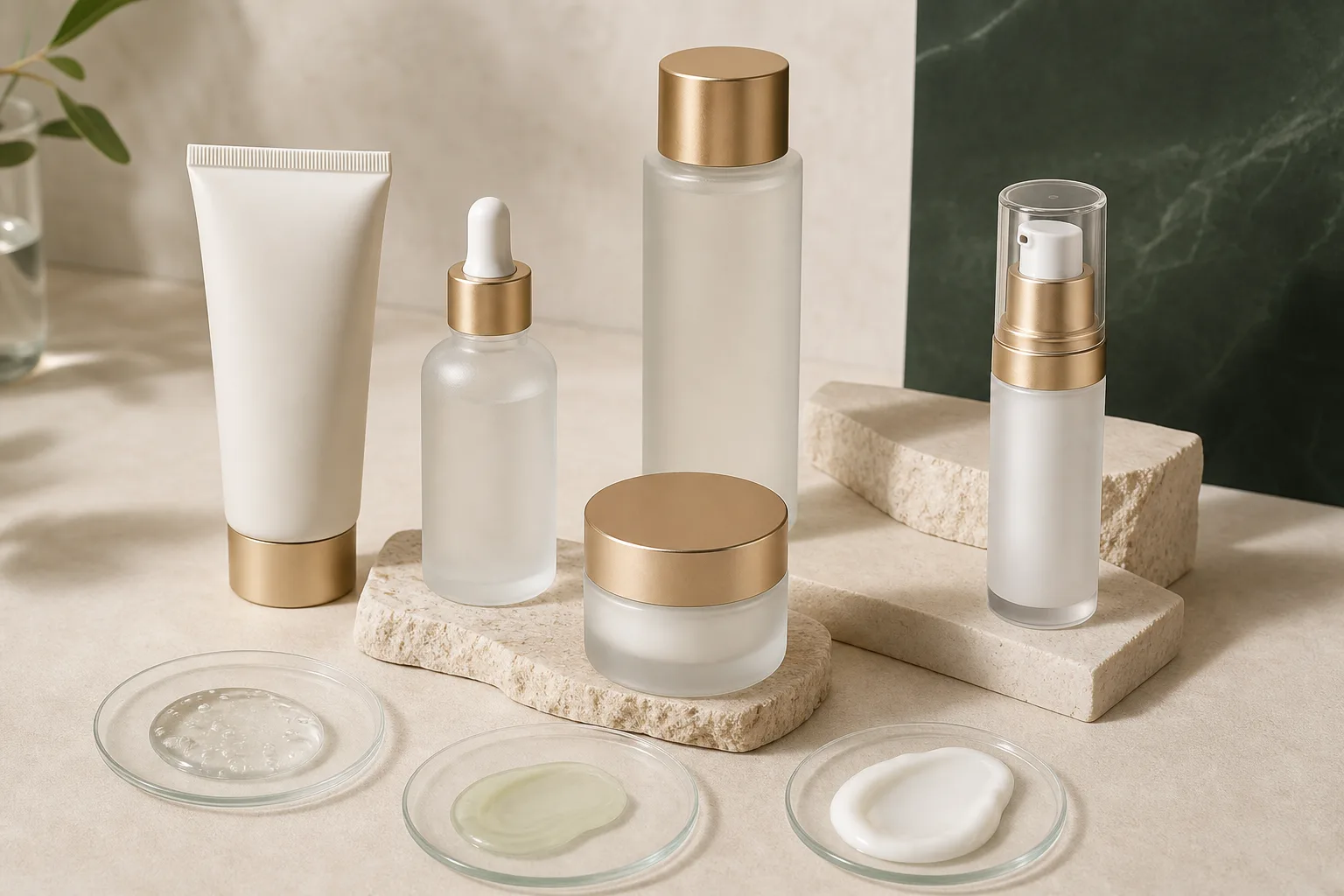 Unbranded skincare bottles, tube, jar and cosmetic texture samples arranged for product development